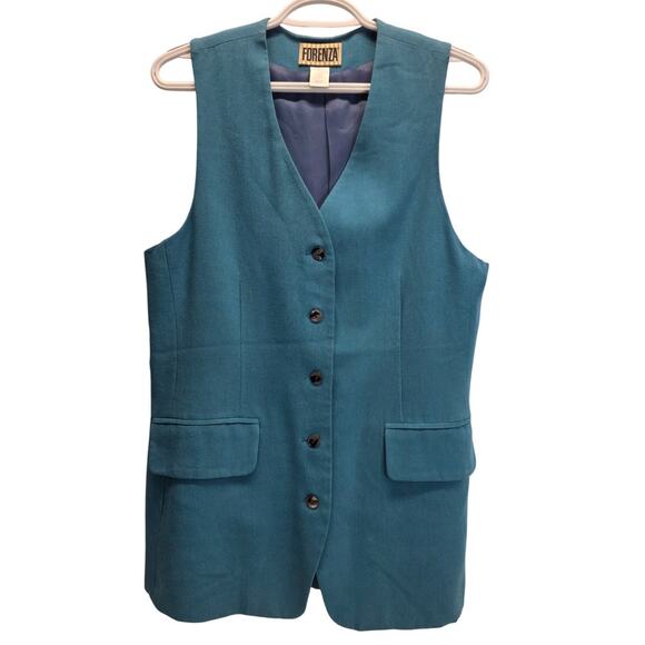 Vintage Forenza Teal Blue Sleeveless Button-Down Lined Wool Women's Vest, Small - Picture 1 of 11